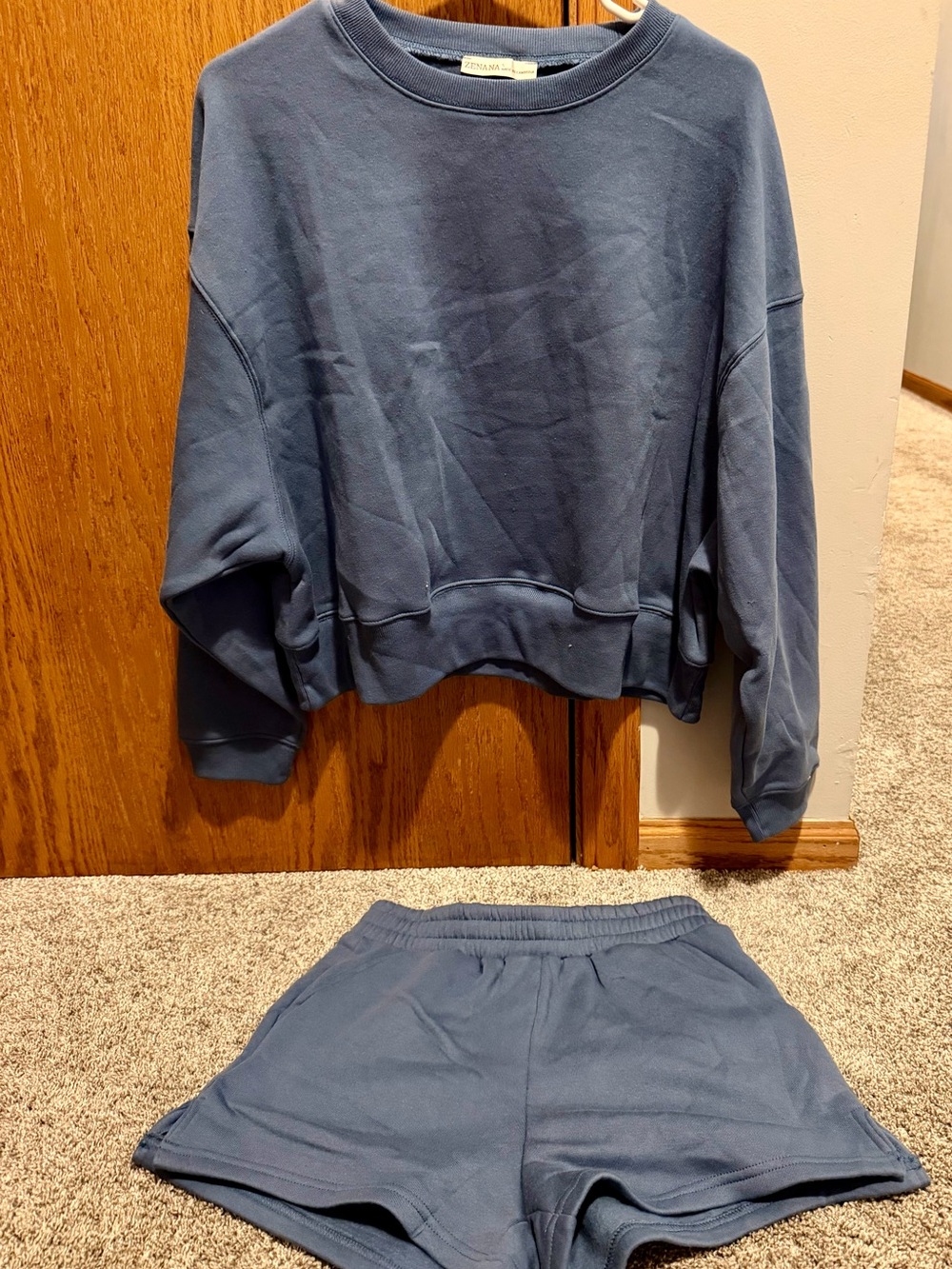 Zenana Outfitters Slate Blue Crewneck Sweatshirt and Matching Shorts